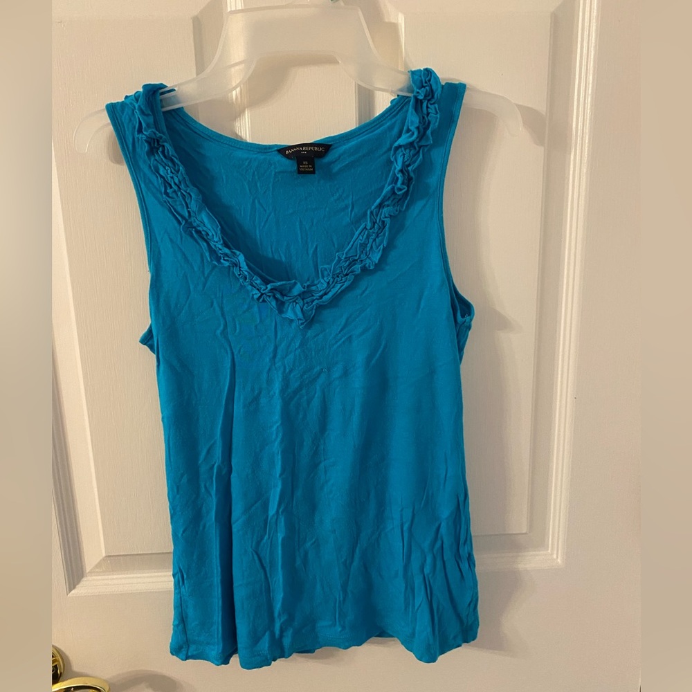 V neck tank top with frills, size small, bright blue, brand:banana republic